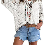 Bohemian V-neck Diamond-patterned Openwork Batwing Sleeve Knit Top