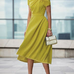 Loose Short Sleeves Pleated Solid Color Split-Joint Round-Neck Evening Dresses Midi Dresses