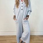 Nadorine Women's Casual Button Long Sleeve Jumpsuit