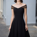 Off-Shoulder Mesh Trim A-Line Midi Dress