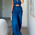 Midnight Charm Satin Ruched Cutout Tie-up Maxi Dress