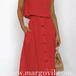 Margovil Sleeveless Crop Top and Button Down Skirt Cotton Linen Two Pieces