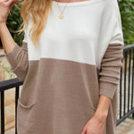 Two Tone Drop Shoulder Patched Pocket Color Block Oversized Sweater
