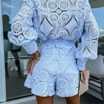 Solid Color Single Breasted Stand Collar Lace Short Set