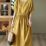 Retro Stitching Dress High Waist Lace Up Swing Skirt Knee Long Dresses