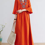 Loose Embroidered Floral Cotton Linen V-Neck 3/4 Sleeve Dress