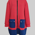 Long Sleeves Loose Contrast Color Pockets Split-Joint Zipper Round-Neck Midi Dresses