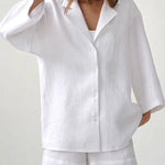 Nadorine Cotton Two-Piece Set Loose Fit Long-Sleeved Button Shirt Casual Shorts Suits
