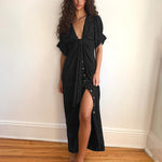 V Neck Short Sleeve Button Down Blouse Dress Tie Casual Long Maxi Dresses