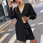 Lantern Sleeve Belted Sweater Dress
