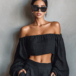 Women's Minimalist Linen Blend Strapless Long-sleeved Blouse And Wide-leg Pants Set