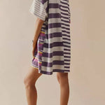 Mid-length Sleeve Lapel Contrast Striped Loose Casual Dress