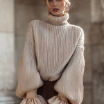 Cream Knit Turtleneck Sweater With Ruffled Cuffs
