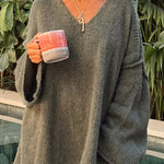 Fashionable Patchwork V-neck Long-sleeved Knitted Sweater