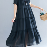Vintage Loose Split-Joint Pleated Short Sleeves Round-Neck Midi Dress