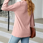 Solid Color V-Neck Buttoned Jacquard Loose-Fitting Long-Sleeved T-Shirt Top