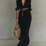 Long Sleeves Split-Joint Lapel Maxi Dresses Shirt Dress