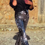 Pursue Shine Sequin High Rise Elastic Waist Flare Pants