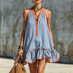 Casual Retro Ruffled Red And White Striped Cotton Linen Sleeveless Mini Dress