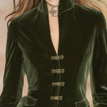 Elegant Retro Gold-buttoned Dark Green Velvet Blazer