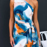 One Shoulder Sleeveless Printed Mini Wrap Dress