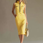 Stylish And Casual Yellow Stand-up Collar Sleeveless Midi Dress