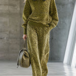High-end Fashionable Leopard Print Velvet Faux Fur Collar Sweatshirt Wide-leg Pants Suit