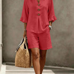 Freya Thornton | Linen Two-Piece Shorts Set with Ruffle Sleeve Detail For Women