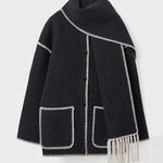 Women's Thickened Loose Woolen Coat with Fringed Scarf