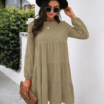 Long Puff Sleeve Shirt Dress Casual Crewneck Loose Fit Sundress Trendy Tiered Layer Summer Mini Dresses