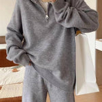 Casual Lapel Sweater and Wide-leg Pants Two-piece Suit
