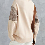 Nadorine Color Stitching Pullover Wool Long Sleeve Loose Turtleneck Knit Sweater