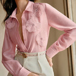 Long Sleeves Applique Split-Joint Lapel Blouses&Shirts Tops