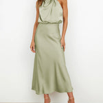 Long Formal Satin Dress Mock Neck High Neck Evening Dress