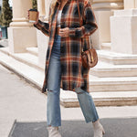 Nadorine Plaid Longline Button-Up Shacket Lapel Neck Long Sleeve Shirt Pocket