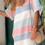 Multicolor Striped Color Block Loose Fit Half Sleeve Maxi Dress