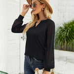 Nadorine V Neck Tops Solid Color Blouse Long Sleeve Pullover Lace Patchwork Shirt