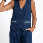 Nadorine Casual Denim Two-piece Set Sleeveless Vest and Long Wide-leg Jeans Pants