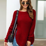 Nadorine Crew Neck Long Sleeve Slit Pullover Knit Sweater