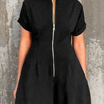 Short Sleeves Wide Leg Elasticity Pleated Split-Joint Zipper Round-Neck Jumpsuits