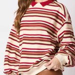 Striped Lapel Long-sleeved Top Loose Casual Sweatshirt