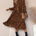 Long-sleeved Leopard Print Button Mid Dress with Belt
