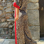 Leopard Print Color Block Short Sleeve Loose Shirt and Elastic Waist Pocket Pants Set