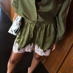 Eye-catching Work Contrast Color Satin Lace Trim Elastic Waist Pocket Shorts
