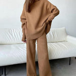 Nadorine 2-Piece Garment Knit Turtleneck Pullover Wide Pants Tracksuit Sweater Set