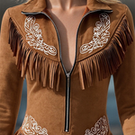 Vintage Western Style Embroidered Tassel Long Sleeve Brown Suede Mini Dress