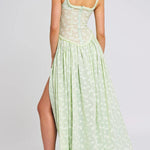 Ulissa Light Green Square Neck Jacquard Textured High Slit Maxi Dress