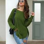 Nadorine Crew Neck Long Sleeve Slit Pullover Knit Sweater