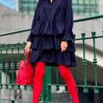 Flared Sleeves Long Sleeves Buttoned Elasticity Layered Solid Color V-Neck Mini Dresses
