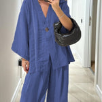 Casual V-Neck Top & Pants Two-Piece Set